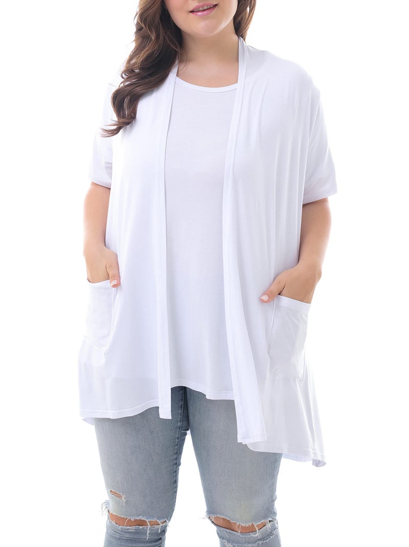 ZERDOCEAN Women's Plus Size Short Sleeve Lightweight Soft Printed Drape Cardigan with Pockets White 4X - Image 1